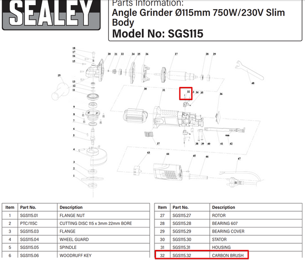 Carbon Brushes for Sealey SGS115 115mm Angle Grinder 750w Part: SGS115.32
