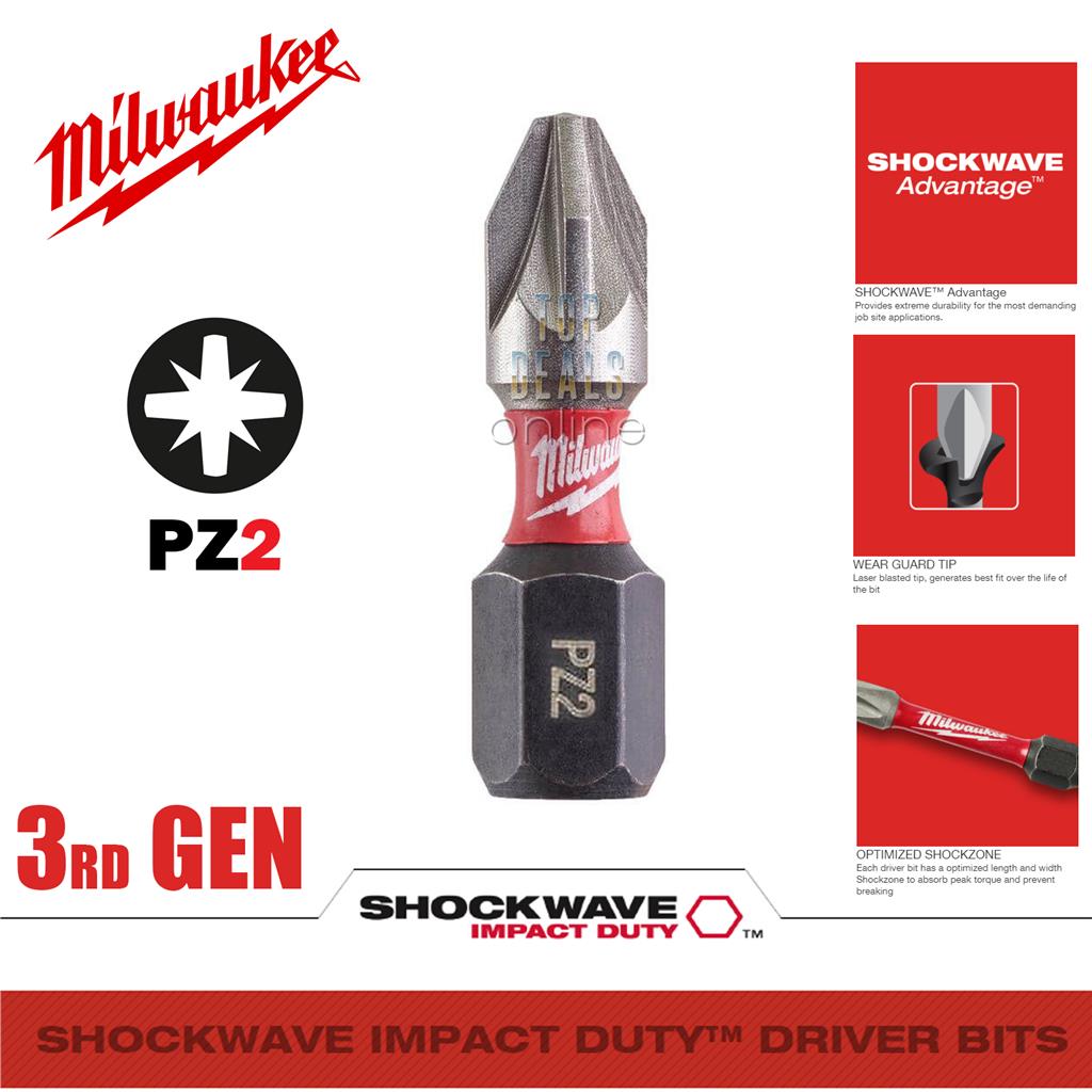 Milwaukee PZ2 PH2 50mm or 25mm option Shockwave Impact Screwdriver Bit