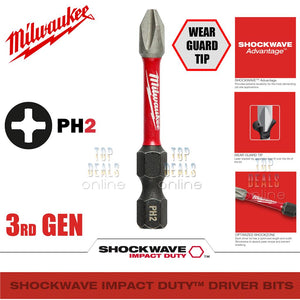 Milwaukee PZ2 PH2 50mm or 25mm option Shockwave Impact Screwdriver Bits 3rd GEN